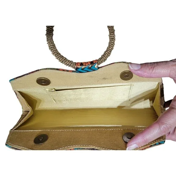 Vintage Handcrafted Multicolor Beaded Handle Clutch Purse With Floral & Geometri - Picture 3 of 7